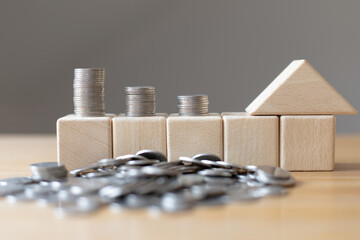 Abstract background or image, Coins were placed in steps and there was a block of wooden houses, Saving money for an investment or raising money to buy a home in the future.