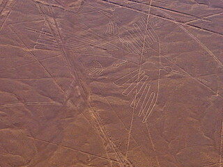 Nazca Lines Geoglyph Condor in Nasca valley Peru. Ancient Nasca civilization drawings on Earth...