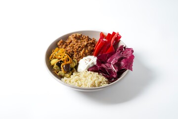 Bowl with Indian curry, bulgur, pepper, eggplant, cabbage and yogurt.