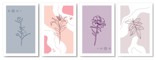 Fototapeta na wymiar interior posters featuring flowers drawn in a single line with nice trendy pastel colors: gray, powdery, orange. It can be used for websites, social networks, as an invitation to a wedding