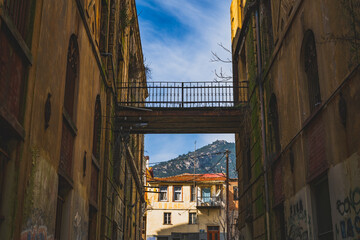 bridge above street at old neighborhood at Kavala city