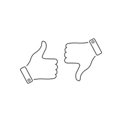 Hand with a finger up and down. Vector illustration. Like and dislike thumb button line icon