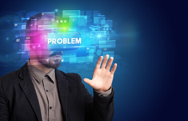 Businessman looking through Virtual Reality glasses