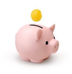 Cute dollar piggy bank with coin isolated on white background