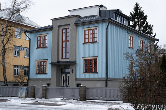 Renovated blue wooden residential building in Tallinn. Tallinna maja or The Tallinn House is a 2–3-storey type of wooden house with stone staircase, built in Tallinn from the 1920s until World War II.