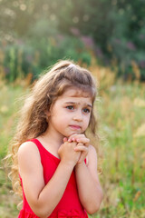 Portrait of cute little girl praying in the park, child keeping her hands together, closeup expression. Religion faith and believe concept