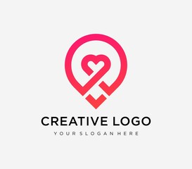 Creative love location logo with heart and map marker.