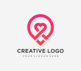 Creative love location logo with heart and map marker.