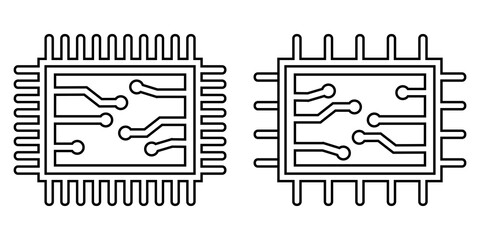 Two chip or microchip icons. Editable stroke. Central computer processor, black chip symbol. Flat style. Vector