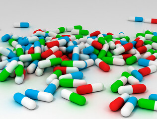 many scattered colorful pills on white background. 3D render illustration