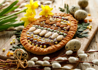 Traditional Easter cake in Poland called mazurek, close up view. Delicious very sweet festive dessert - obrazy, fototapety, plakaty