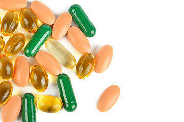 Pills and tablets isolated on white. Free space for text.