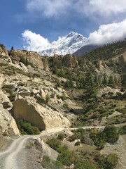 Himalayan rocky mountains road to Mustang kingdom, Nepal. Magnificent Himalayas landscape. Adventure, spirituality, zen.