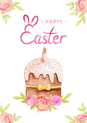 Watercolor happy easter card with cake and Spring flowers on white 