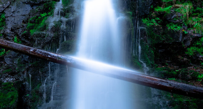 Long exposure of a tree hanging across a waterfall