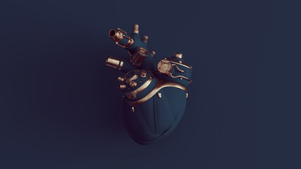 Bronze and Navy Blue Cyborg Human Heart with Navy Blue Background 3d illustration render	
