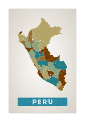 Peru map. Country poster with regions. Old grunge texture. Shape of Peru with country name. Radiant vector illustration.