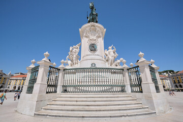 View of the arch and the statue at The Praca do Comercio or Commerce Square and located in the city of Lisbon, Portugal.