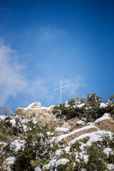 rock in the mountains with snow