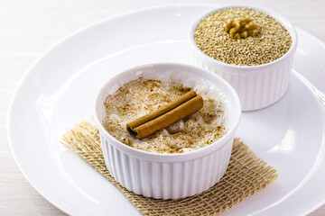 porridge or vegan custard of nuts, quinoa and cinnamon. Dessert without ingredients of animal origin