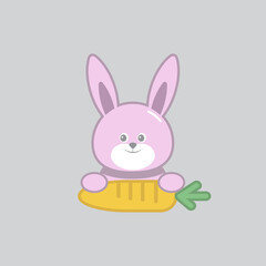 Bunny with a carrot isolated on grey background. Vector cartoon close-up illustration.
