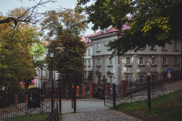 A small cozy Zamkova Street in Przemysl, leading from Casimir Castle. Cobblestones street with old beautiful buildings, tall trees in the autumn park and fallen leaves on sunny day in Poland. 