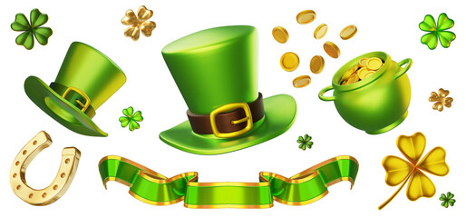 3d set of green leprechaun hat, pot with golden coin, ribbon, horseshoe and four leaf clover on white background. Saint Patricks Day design