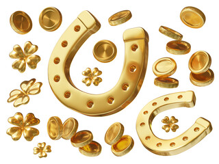 3d set of golden coin, horseshoe and four leaf clover on white background. Symbol of luck and wealth. Saint Patricks Day design