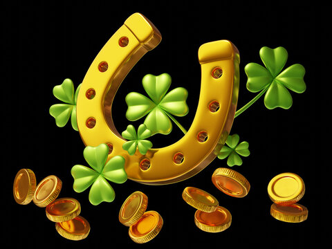 3d illustration of golden coin, horseshoe and green four leaf clover on dark background. Symbol of luck and wealth. Saint Patricks Day design
