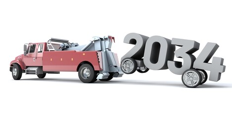 3D illustration of truck towing the number 2034 with wheels
