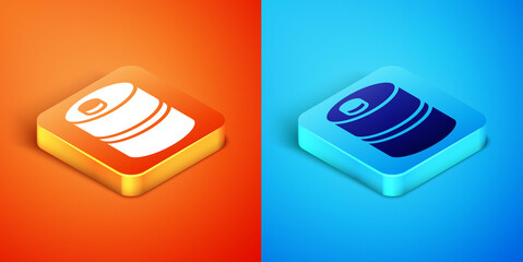 Isometric Metal beer keg icon isolated on orange and blue background. Vector