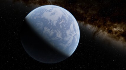 super-earth planet, realistic exoplanet, planet suitable for colonization, earth-like planet in far space, planets background 3d render