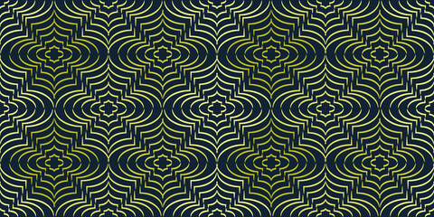Seamless pattern. Tiled golden ornamental images. Curvy shapes, dark blue background. Yellow crosswise texture. Graphic pattern for fabric, textile, wallpaper, packaging, gift.