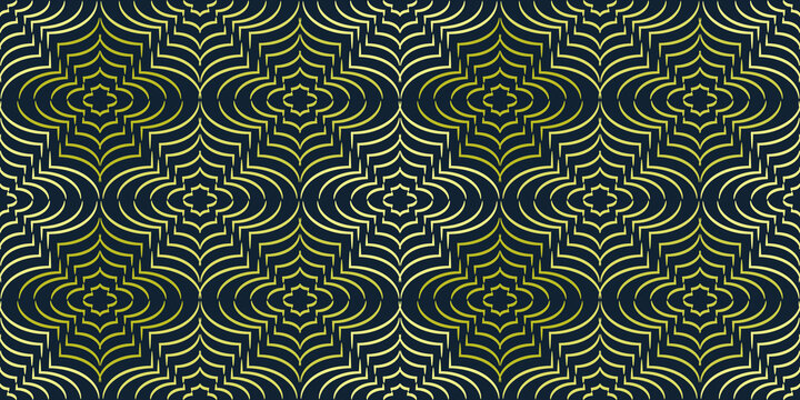 Seamless pattern. Tiled golden ornamental images. Curvy shapes, dark blue background. Yellow crosswise texture. Graphic pattern for fabric, textile, wallpaper, packaging, gift.