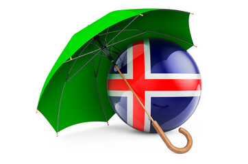 Icelandic flag under umbrella. Protection and security of Iceland concept, 3D rendering