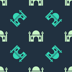 Green and beige Muslim Mosque icon isolated seamless pattern on blue background. Vector