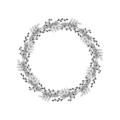 A wreath of leaves, branches, berries. Round floral frame. Black outline drawing on a white background, doodle style. Holiday border, decoration design. Vector illustration, simple sketch