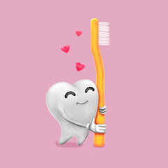 Raster  3D illustration of white healthy and happy tooth smiles and hugs a yellow toothbrush. Funny cute cartoon character about oral hygiene. Taking care of teeth concept. Kawaii style.