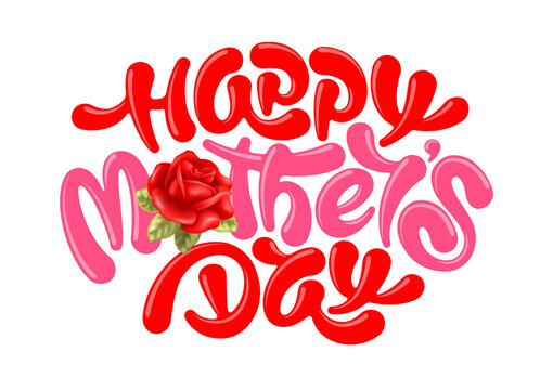 Happy Mother's Day greeting card with unusual calligraphy lettering, painted by brush and red rose flower with leaves. Isolated on white background. Vector illustration. - Powered by Adobe