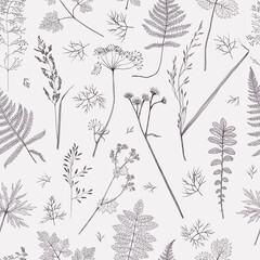 Herb seamless pattern background, vintage illustration, nature botany herbal floral flower plant leaf botanical organic surface design - obrazy, fototapety, plakaty