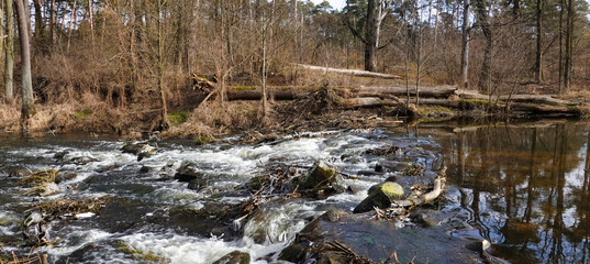 WIDOK NA RZEKĘ WCZESNĄ WIOSNĄ. RZEKA GRABIA, LDZAŃ, POLSKA © michalsen