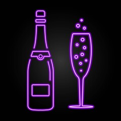 Champagne and glass neon sign, modern glowing banner design, colorful modern design trend on black background. Vector illustration.