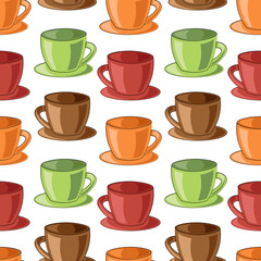 Seamless vector pattern with brown, orange, green and red cups