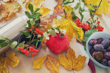 autumn still life with yellow leaves and fruits