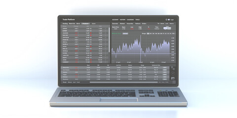 Trade platform, forex trading. Stock exchange market analysis on laptop screen, 3d illustration.