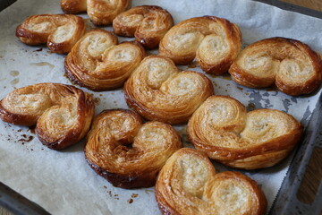 Schweinsohren bzw. Palmblätter frisch gebacken auf dem Backpapier.