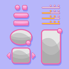 Pink UI elements for game and app design windows, progress bar, and buttons.