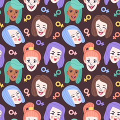 International Women's Day. Vector seamless pattern with women faces in colorful cartoon style