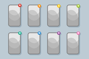 Gray banners for the menu of games for mobile phones and computer games with close (exit) buttons of different colors for ui design.