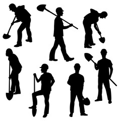 A set of vector silhouettes of a worker with a shovel standing, walking, digging